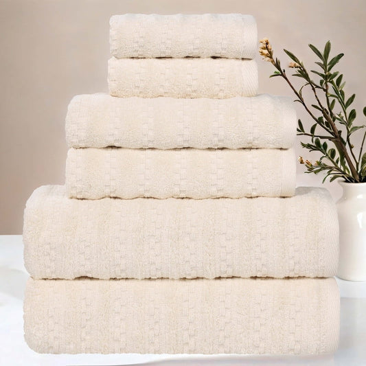 Superior Zuma Waffle Textured Stripes Cotton 6 Piece Towel Set, Zero Twist Absorbent Towels, Ivory