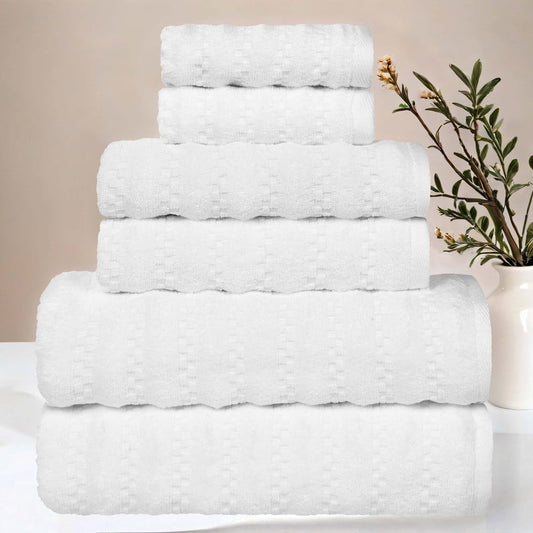 Superior Zuma Waffle Textured Stripes Cotton 6 Piece Towel Set, Zero Twist Absorbent Towels, White