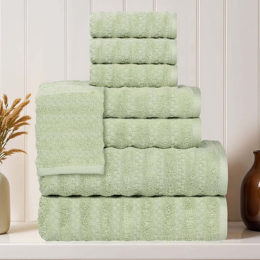 Superior Zuma Waffle Textured Stripes Cotton 8 Piece Towel Set, Zero Twist Absorbent Towels, Green