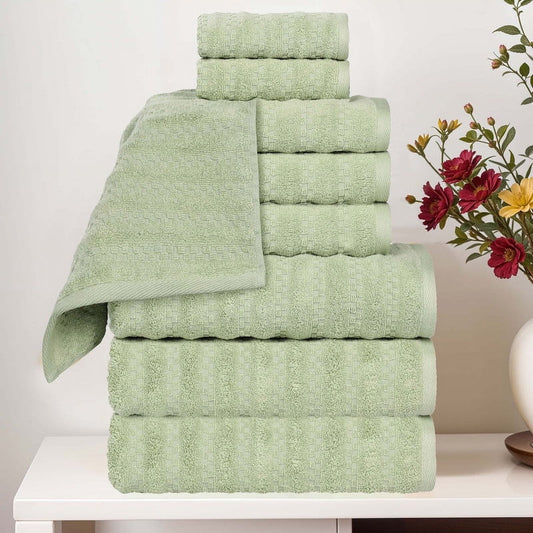 Superior Zuma Waffle Textured Stripes Cotton 9 Piece Towel Set, Zero Twist Absorbent Towels, Green