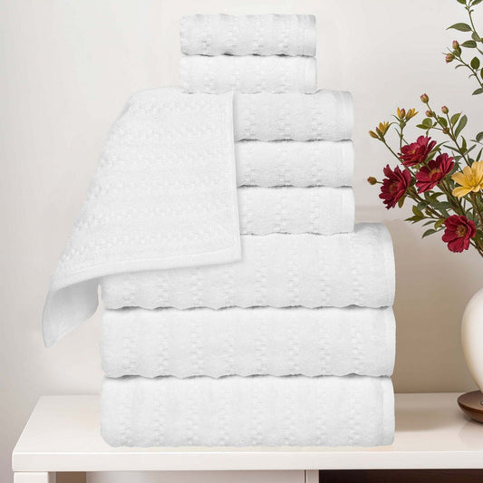 Superior Zuma Waffle Textured Stripes Cotton 9 Piece Towel Set, Zero Twist Absorbent Towels, White