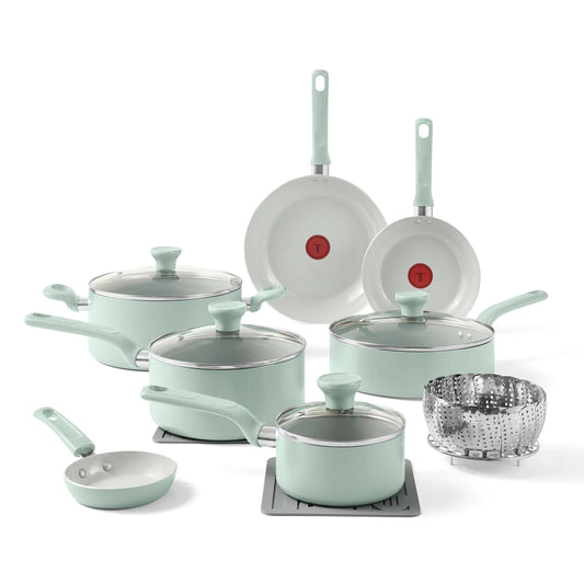 T-fal Easy Care 18 Piece Ceramic Nonstick Cookware Set, Pots and Pans, Mint Green