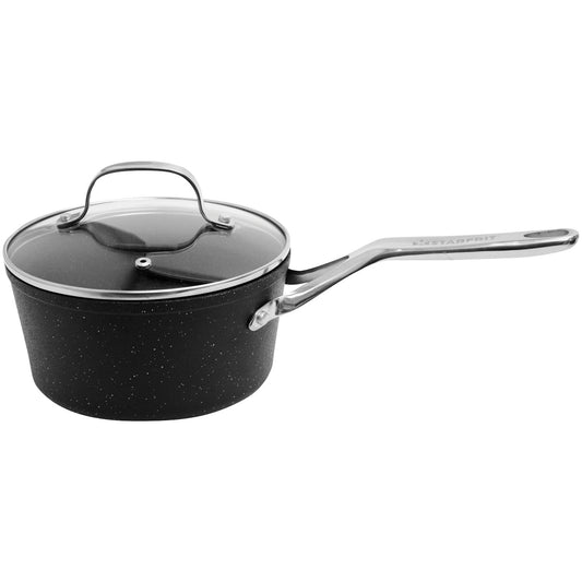 THE ROCK by Starfrit 3-Qt. Non-Stick Aluminum Saucepan with Glass Lid & Stainless Steel Handles, Black, 060316-004-0000