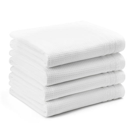 TOWN & COUNTRY BASICS 4-Piece Waffle Woven Terry Stripe Bath Towel Set, 30x56-Inch, 100% Cotton, Quick Dry, White