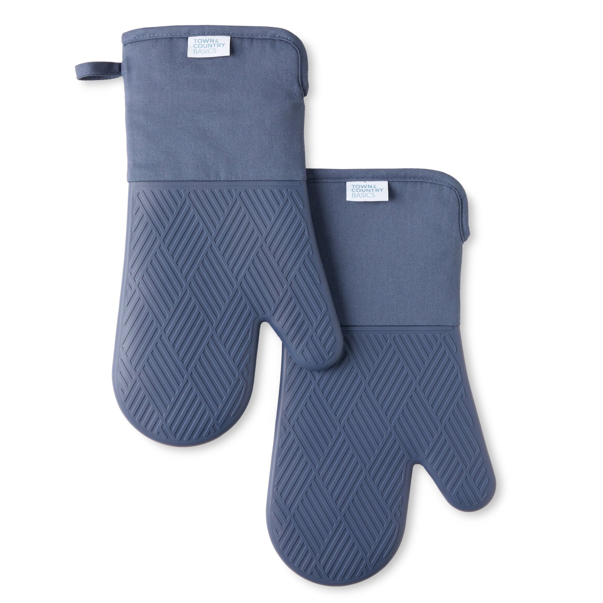 TOWN & COUNTRY BASICS Basketweave Soft Silicone Oven Mitt 2-Pack Set, Heat Resistant up to 500F, Flexible Silicone, Non-Slip Grip, Blue, 7.5"x13"