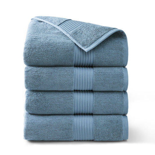 TOWN & COUNTRY EVERYDAY 4-Piece Solid Dobby Border Bath Towel Set, 30"x58", 100% Cotton, Plush & Absorbent 650GSM, Blue