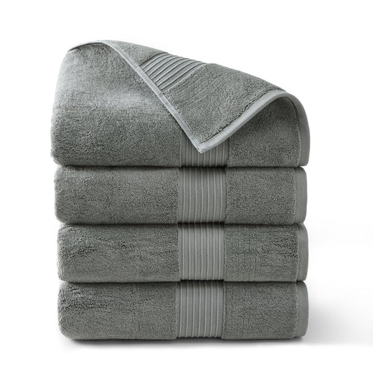 TOWN & COUNTRY EVERYDAY 4-Piece Solid Dobby Border Bath Towel Set, 30"x58", 100% Cotton, Plush & Absorbent 650GSM, Grey