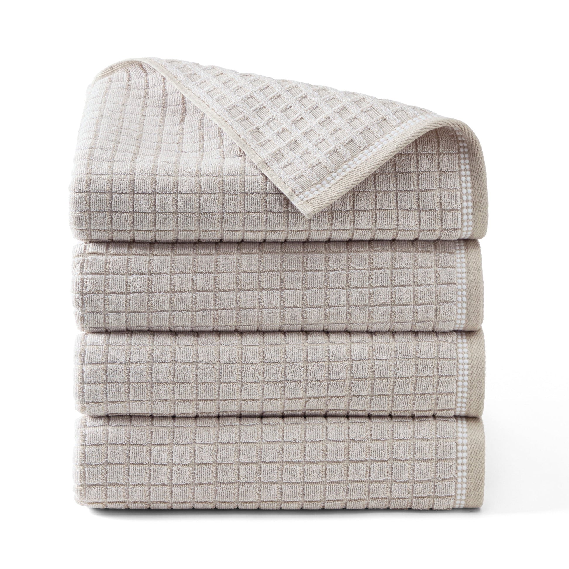 TOWN & COUNTRY EVERYDAY 4-Piece Textured Windowpane Bath Towel Set, 30"x58", 100% Cotton, Plush & Absorbent 550GSM, Beige