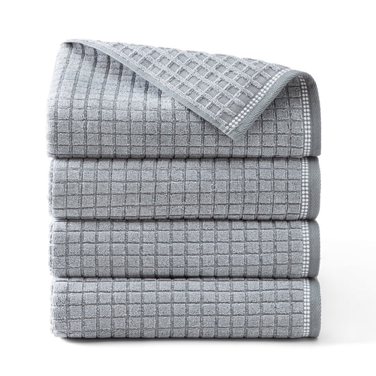TOWN & COUNTRY EVERYDAY 4-Piece Textured Windowpane Bath Towel Set, 30"x58", 100% Cotton, Plush & Absorbent 550GSM, Grey