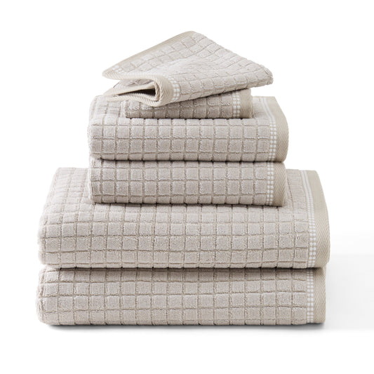 TOWN & COUNTRY EVERYDAY 6-Piece Textured Windowpane Set, 2-Bath Towels, 2-Hand Towels, 2-Washcloths, 100% Cotton, Plush & Absorbent 550GSM, Beige