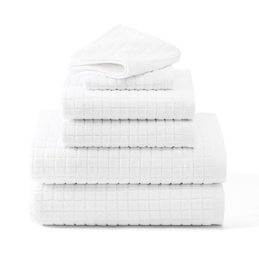 TOWN & COUNTRY EVERYDAY 6-Piece Textured Windowpane Set, 2-Bath Towels, 2-Hand Towels, 2-Washcloths, 100% Cotton, Plush & Absorbent 550GSM, White
