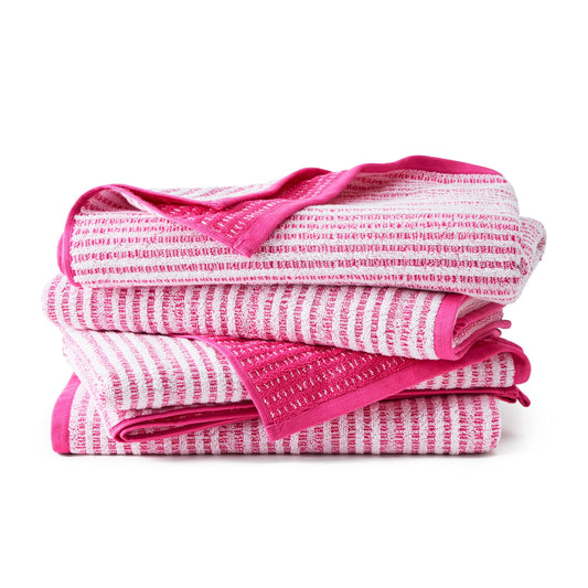 TOWN & COUNTRY PLAY 4-Piece Striped Reversible Terry Brights Bath Towel Set, 30"x58", 100% BCI Cotton, Plush & Absorbent 550GSM, Flamingo Pink