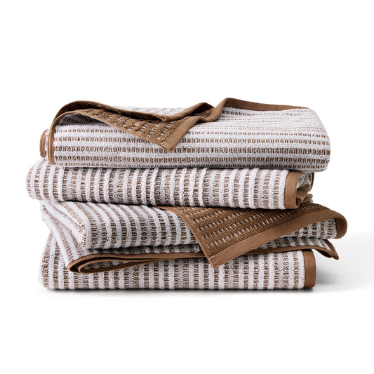TOWN & COUNTRY PLAY 4-Piece Striped Reversible Terry Brights Bath Towel Set, 30"x58", 100% BCI Cotton, Plush & Absorbent 550GSM, Mocha Brown