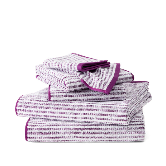 TOWN & COUNTRY PLAY 6-Piece Striped Reversible Terry Brights Set, 2-Bath Towels, 2-Hand Towels, 2-Washcloths, 100% BCI Cotton, Plush & Absorbent 550GSM, Grape Purple