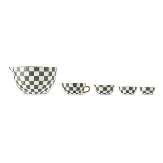 Thyme & Table 5-Piece Ceramic Mixing Bowl and Measuring Set - Green Checkered