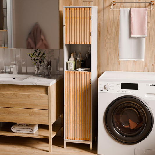 Tall Bathroom Storage Cabinet, Slatted Door Cabinet with Adjustable Shelves, Narrow Space-Saving Organizer for Bathroom or Hallway, Easy Assembly Freestanding Cabinet, White and Natural Finish