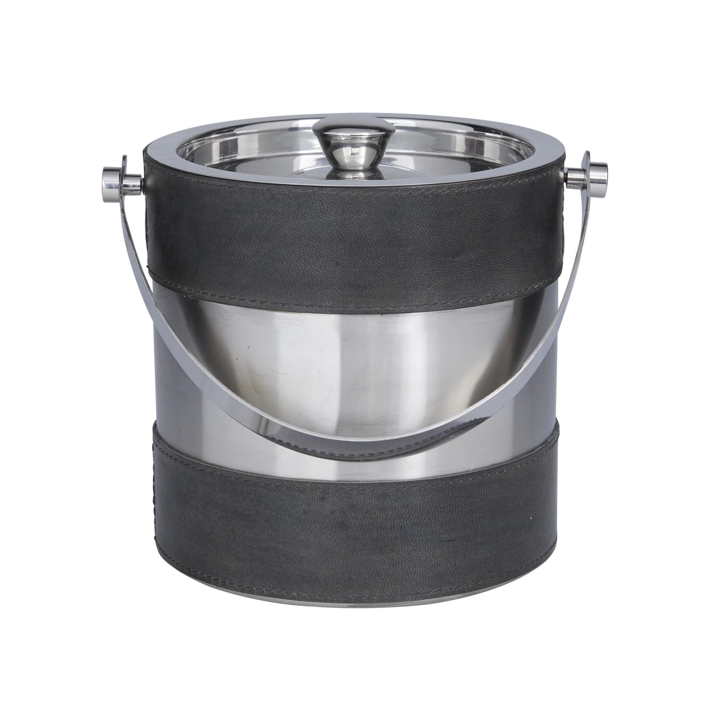 DecMode Round Leather Handmade Gray Ice Bucket with Lid