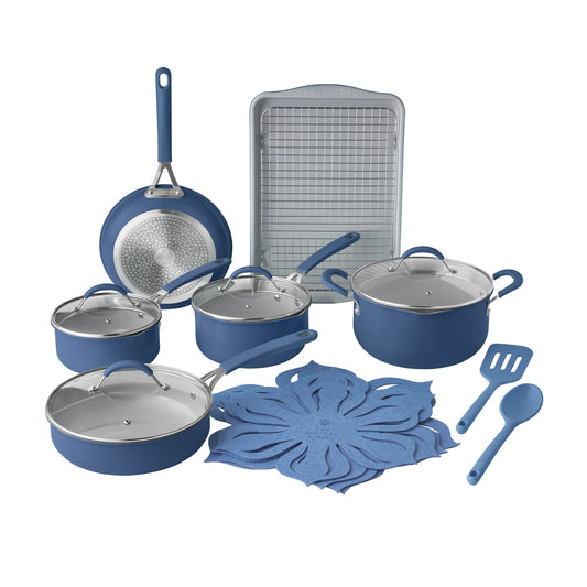 The Pioneer Woman Sutton 17-Piece Non-Stick Aluminum Cookware Set, Pots and Pans w/Bakeware & Utensils, Blue