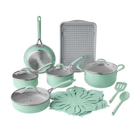 The Pioneer Woman Sutton 17-Piece Non-Stick Aluminum Cookware Set, Pots and Pans w/Bakeware & Utensils, Green