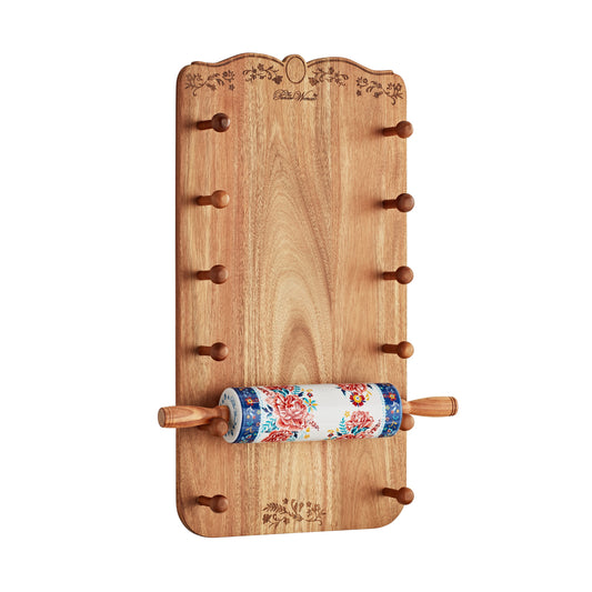 The Pioneer Woman Keepsake Floral 17.7" Ceramic Rolling Pin with Acacia Wood Holder