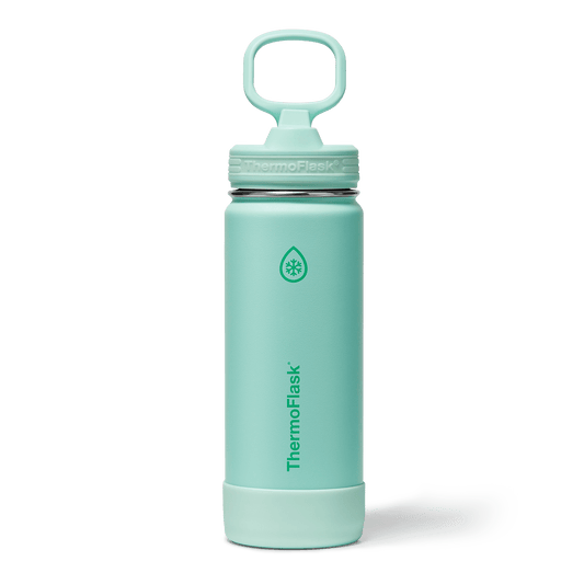 ThermoFlask 18 oz Kids Glow-In-The-Dark Insulated Stainless Steel Water Bottle, Leakproof Straw Lid, Jelly Mint