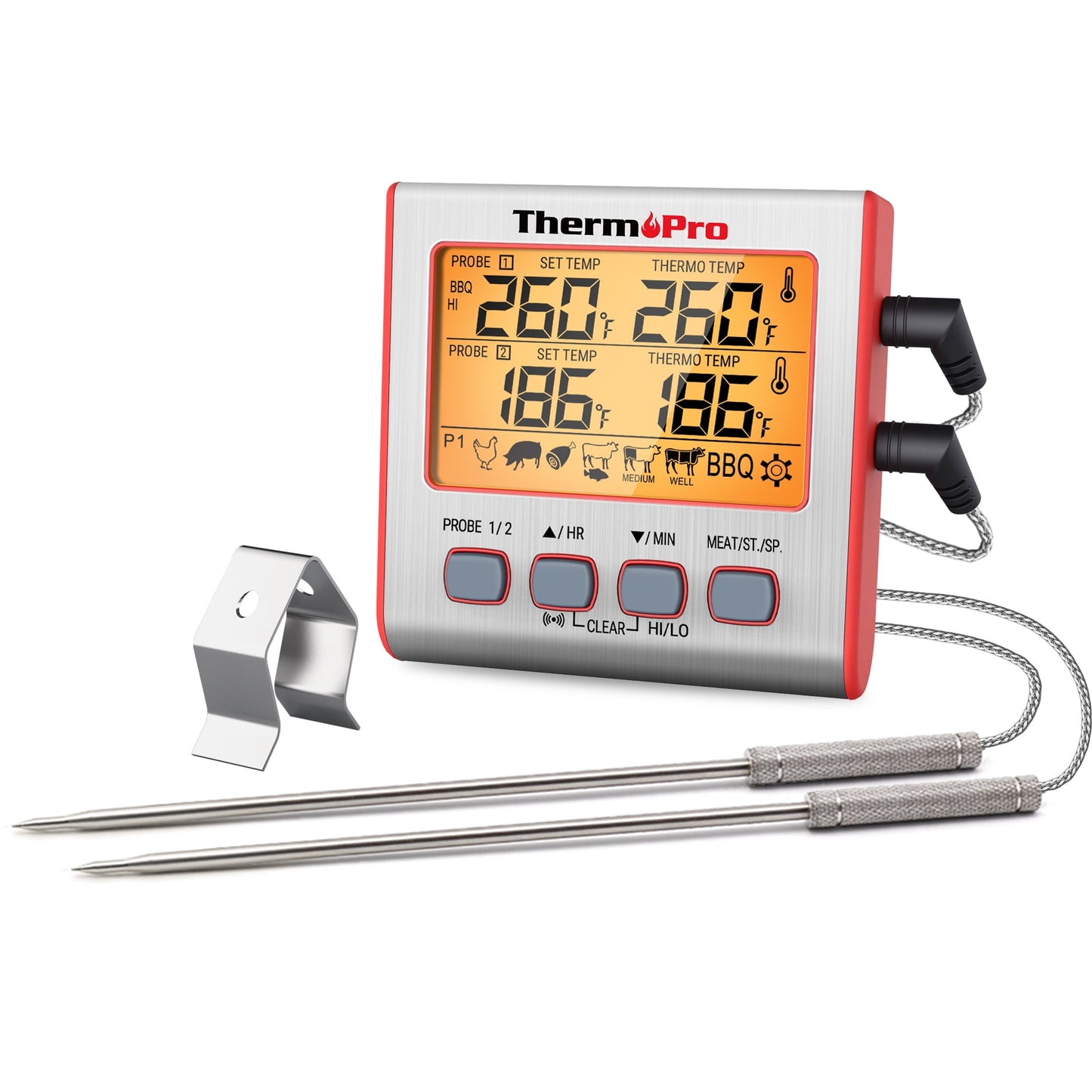 ThermoPro TP17W Gran LCD RetroiluminaciÃ³n Parrilla TermÃ³metro para Alimentos con Doble Sonda Modo Temporizador para Horno Parrilla Ahumador Barbacoa