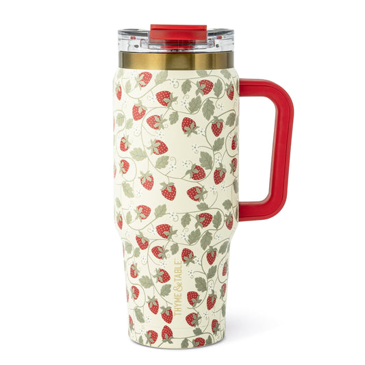 Thyme & Table 32oz Stainless Steel Luna Tumbler with Handle and Dual Straw Lid, Strawberry