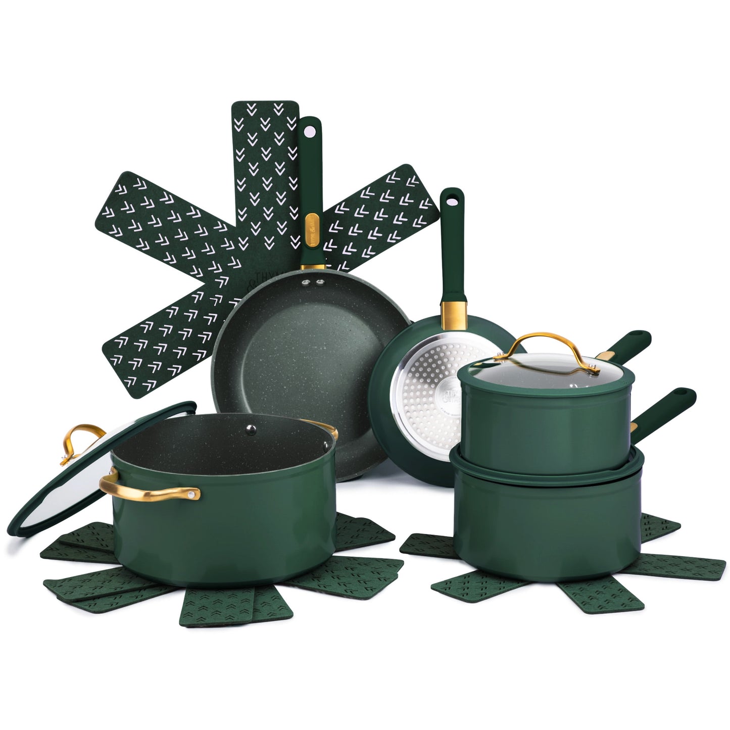 Thyme & Table 12-Piece Ceramic Non-Stick Granite Collection Cookware Set, Non-Toxic Pots and Pans Set - Taupe & Gold