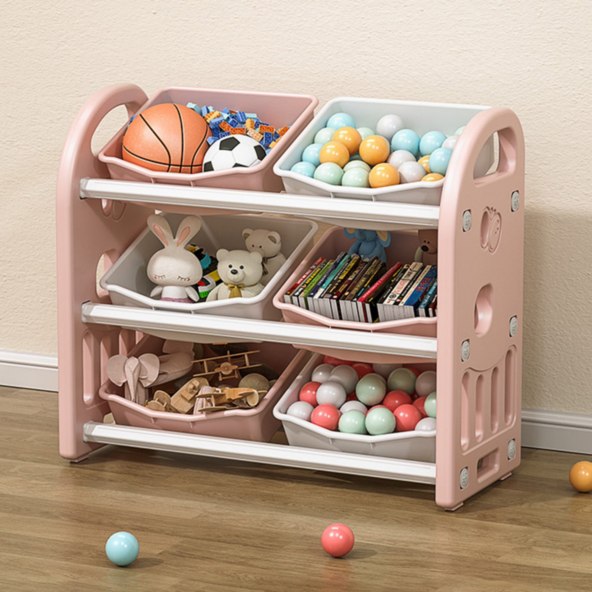 Toy Storage Organizer with 6 Bins,3-Tier Toy Storage Cabinet for Bedroom Playroom,Pink