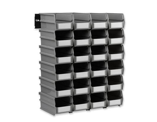 Triton Products 26 Pc Wall Storage Unit with 7-3/8 In. L x 4-1/8 In. W x 3 In. H Gray Interlocking Poly Bins, 24 CT, Wall Mount Rails 8-3/4 In. L with Hardware, 2 Pk