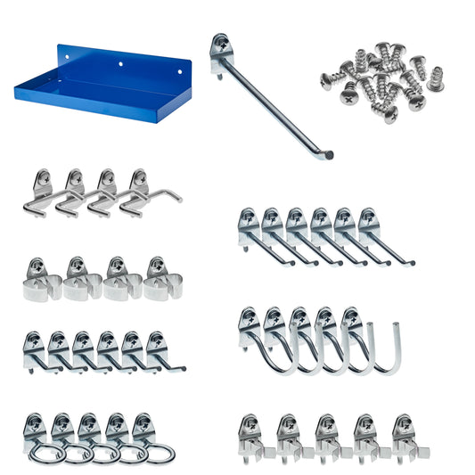 Triton ProductsÂ® DuraHook 12"W x 6" Deep Blue Epoxy Coated Locking Steel Pegboard Shelf with 36-Piece DuraHook Locking Pegboard Hook Assortment