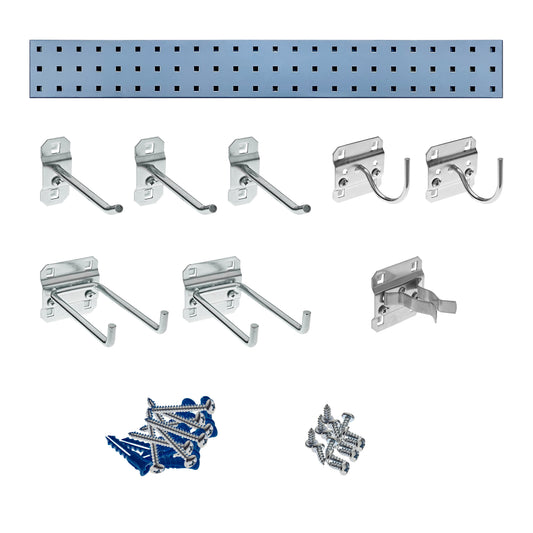 Triton ProductsÂ® Silver Garden Pegboard Kit with (1) 36 In. x 4.5 In. 18 Gauge Steel Square Hole Pegboard and 8 pc LocHook Assortment