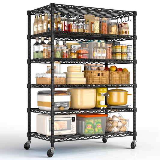 TrumanPick 6-Tier Storage Shelves, 36"W x 18"D x 75"H Wire Shelving Unit, Kitchen Metal Shelves, Adjustable Storage Rack with Hooks for Garage Pantry Organization, Black