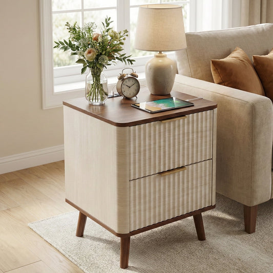 TrumanPick Fluted Nightstand for Bedroom with USB Charging Station, Modern 2-Drawer Bedside Table End Table with Storage for Living Room Sofa Side, 18"D Ã—18"WÃ— 24"H, Natural & Walnut Finish