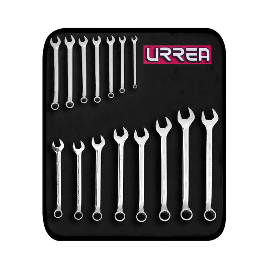URREA Metric full polished 12 point combination wrench set, 15 pieces.