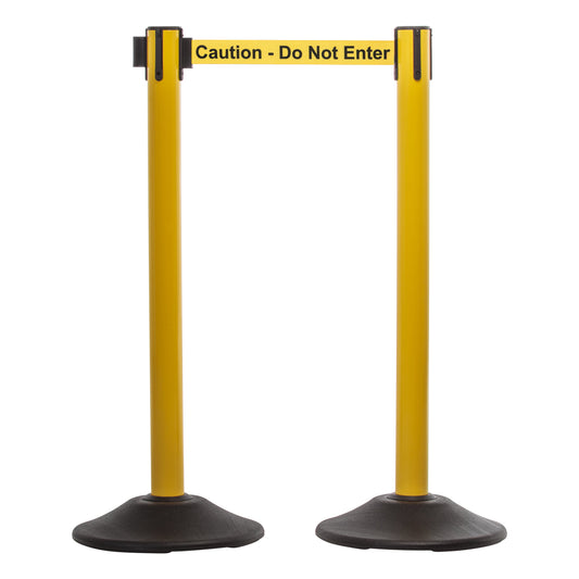 US Weight Heavy Duty Yellow Premium Steel Stanchion with 7.5-Foot Retractable Caution Belt - 2 Pack