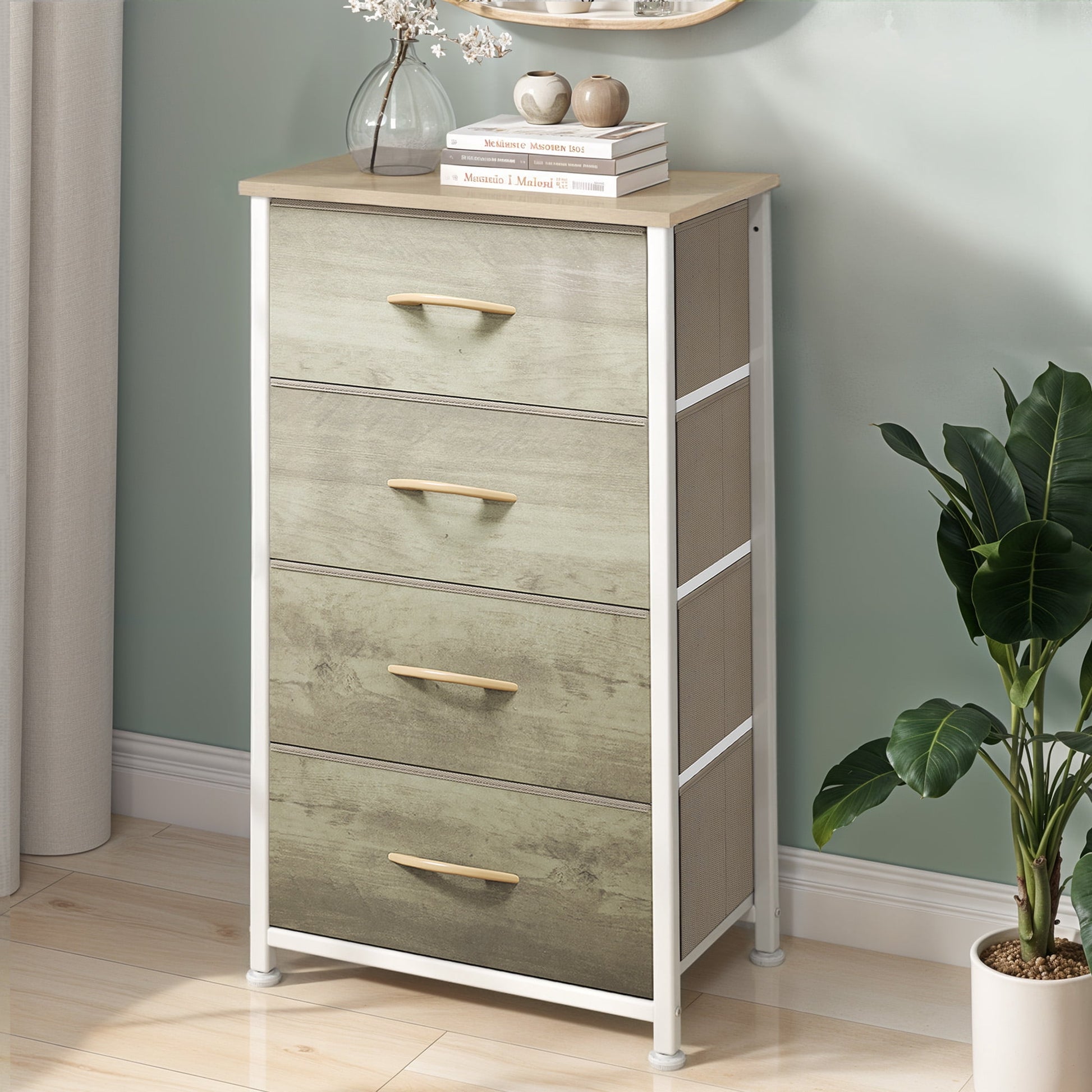 Uforic 4 Drawer Dresser Fabric Chest of Drawers Furniture Storage Organizer for Living Room,,Hallway,Oak Greige
