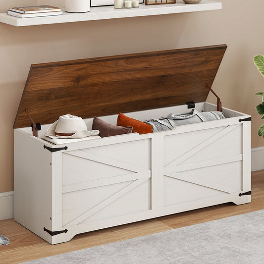 Uforic 47.2" Farmhouse Storage Bench, Wooden Chest with Safety Hinges, Shoe Organizer - Rustic Brown