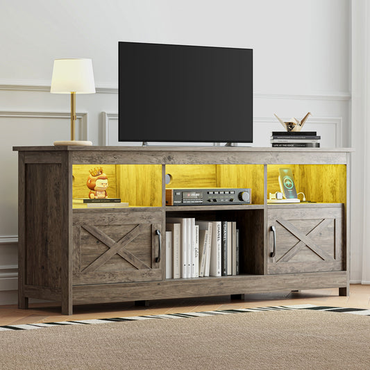 Uforic Farmhouse-Inspired TV Stand with Power Outlet, LED-Lit Media Console, Simplistic TV Cabinet for Living Room or Bedroom, Rustic Gray, 59 Inch