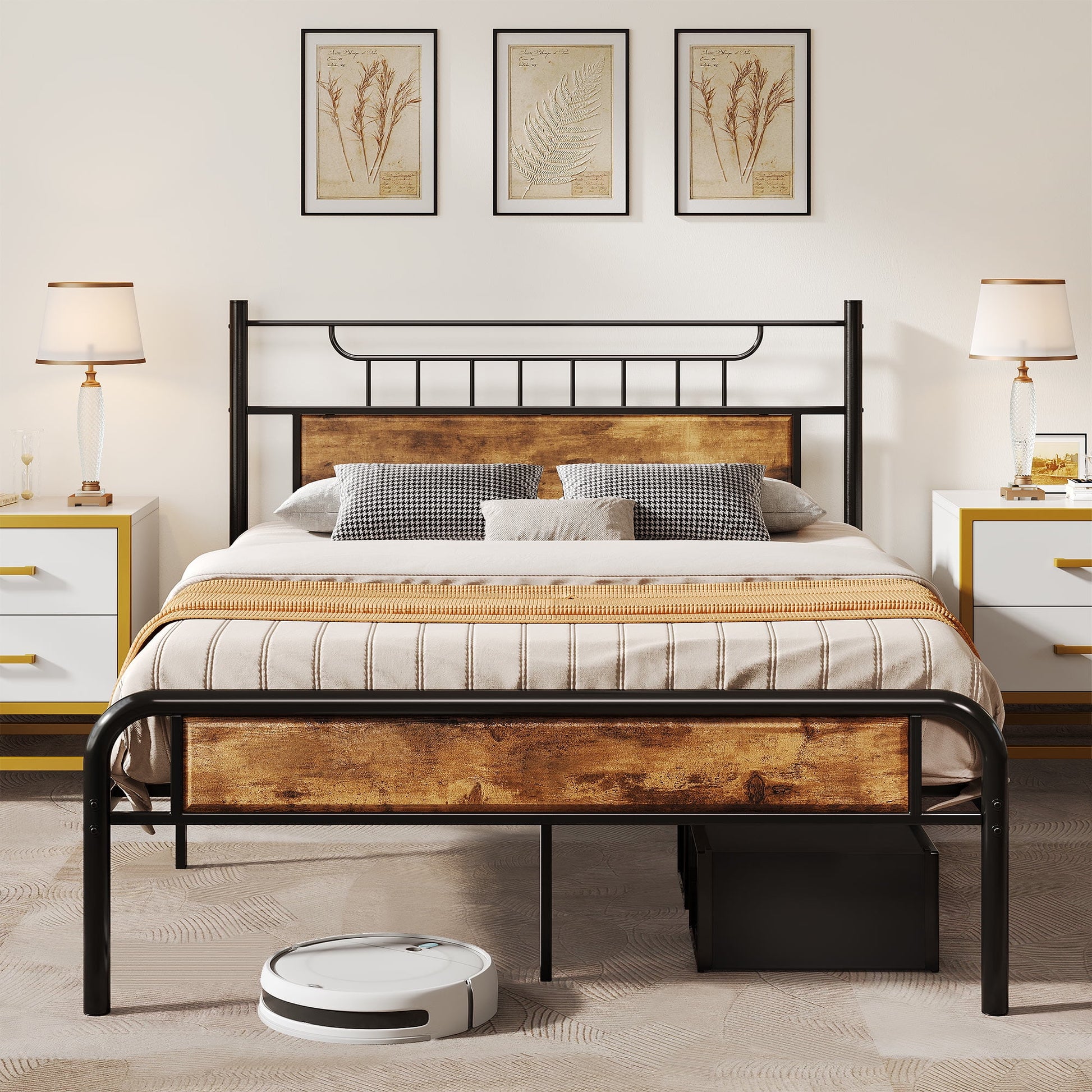 Uforic Farmhouse Queen Metal Platform Bed Frame with Headboard & Soundproof Cotton, Black