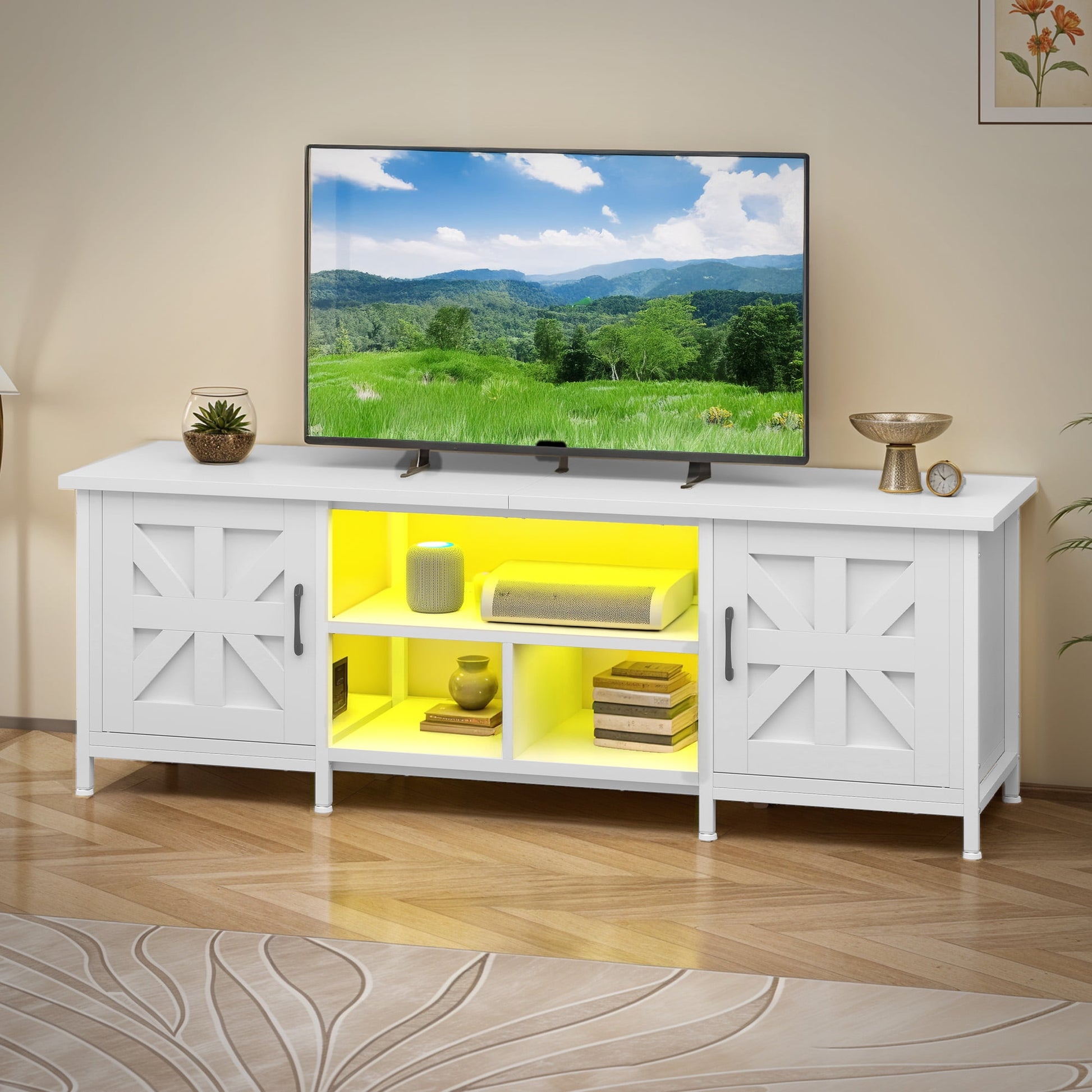 Uforic Soporte de TV Estilo RÃºstico con LED y Carga, Gabinete de Almacenamiento y Estantes para TVs de hasta 70", Blanco