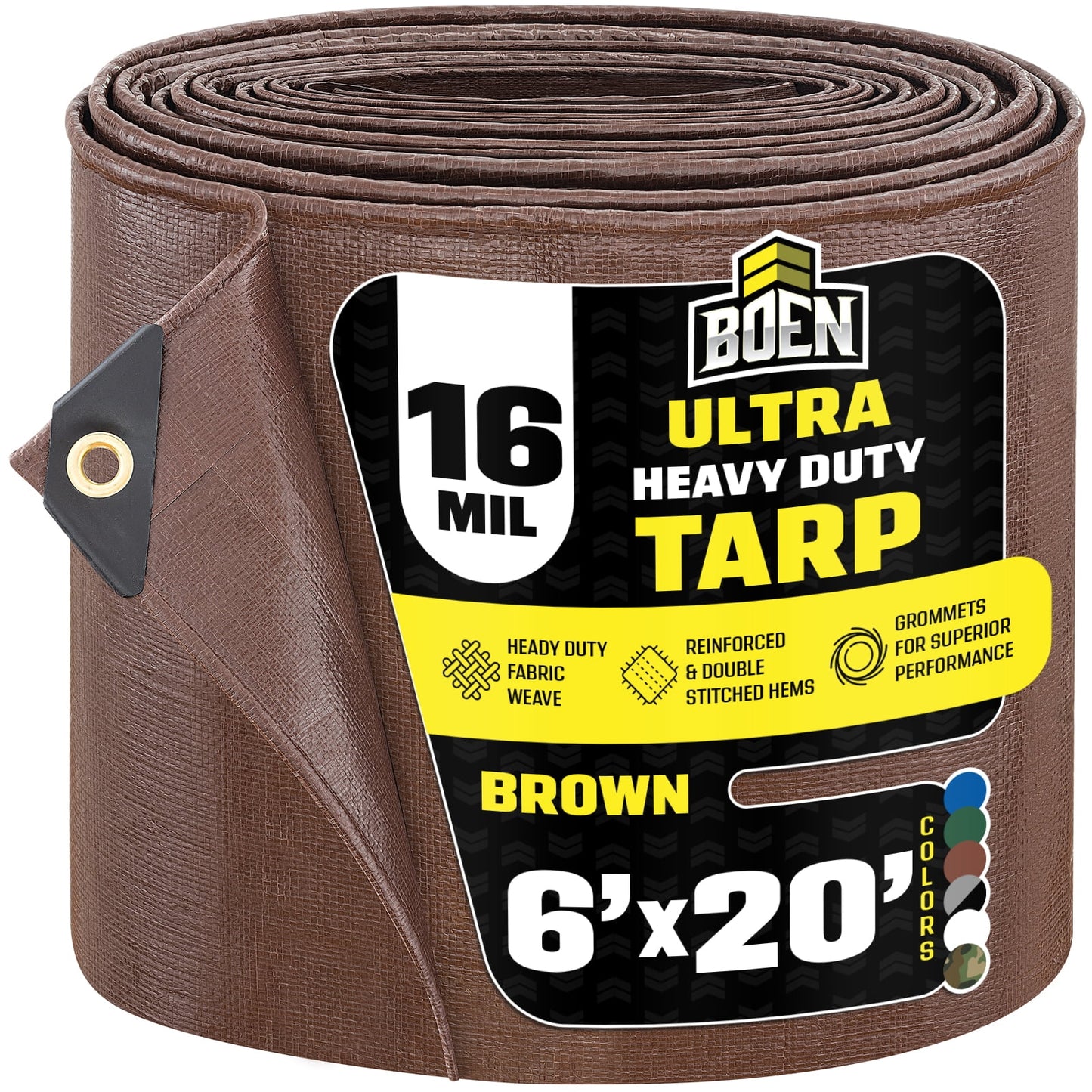 BOEN Ultra Heavy-Duty Tarp, 6 ft x 20 ft, 16 Mil Thick, Brown, Waterproof