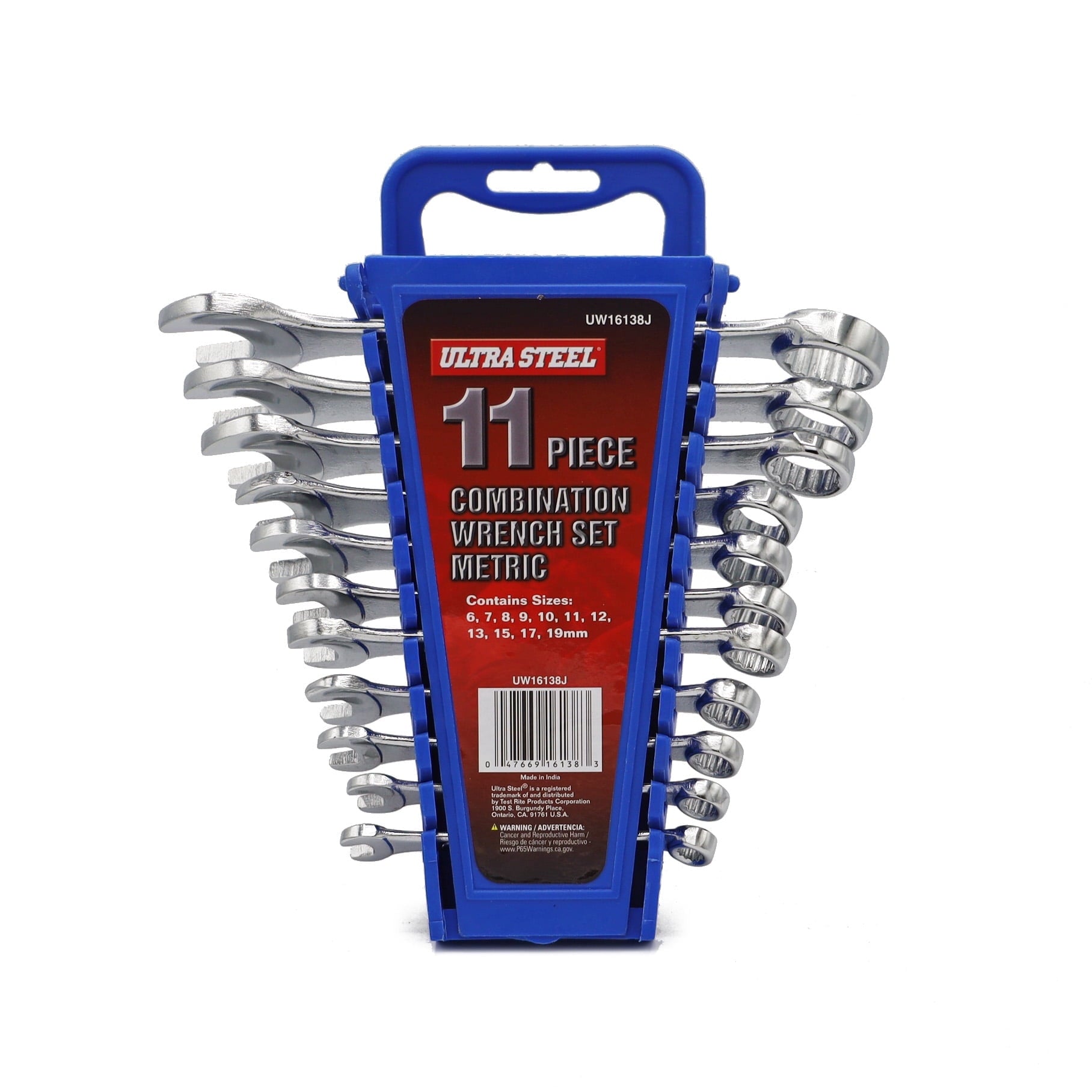 Ultra Steel 11-Piece Combination Wrench Set, Metric, 6MM, 7MM, 8MM, 9MM, 10MM, 11MM, 12MM, 13MM, 15MM, 17MM, 19MM, Wall Hanging Case Included