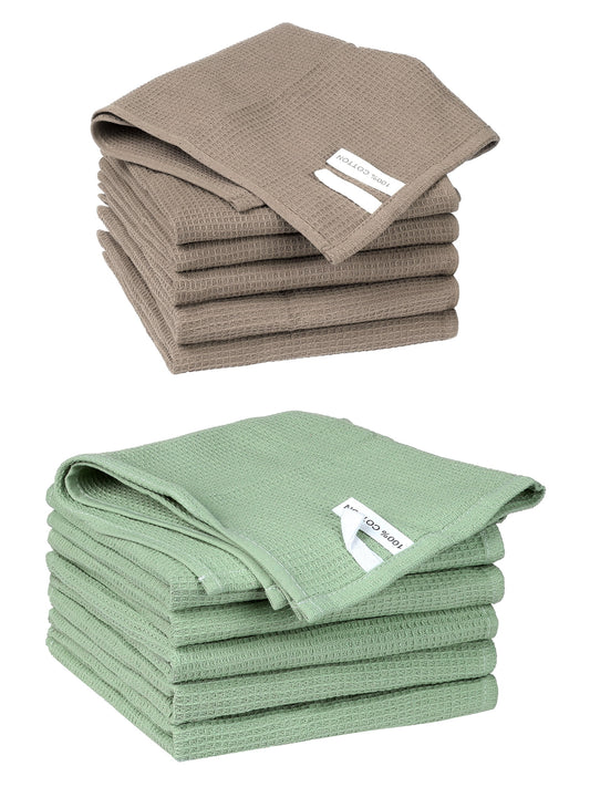 Unique Bargains 12 Pack Cotton Waffle Weave Cleaning Clothes Reusable Kitchen Towels Brown/Light Green 14" x 14"
