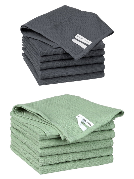 Unique Bargains 12 Pack Cotton Waffle Weave Cleaning Clothes Reusable Kitchen Towels Dark Grey/Light Green 14" x 14"