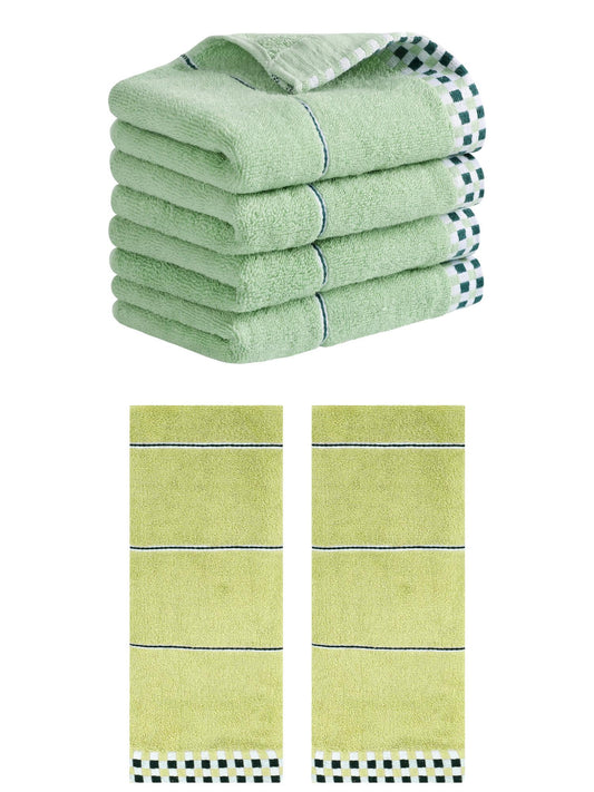 Unique Bargains 14" x 30" Striped Checked Hand Towels Light Green/Green 6