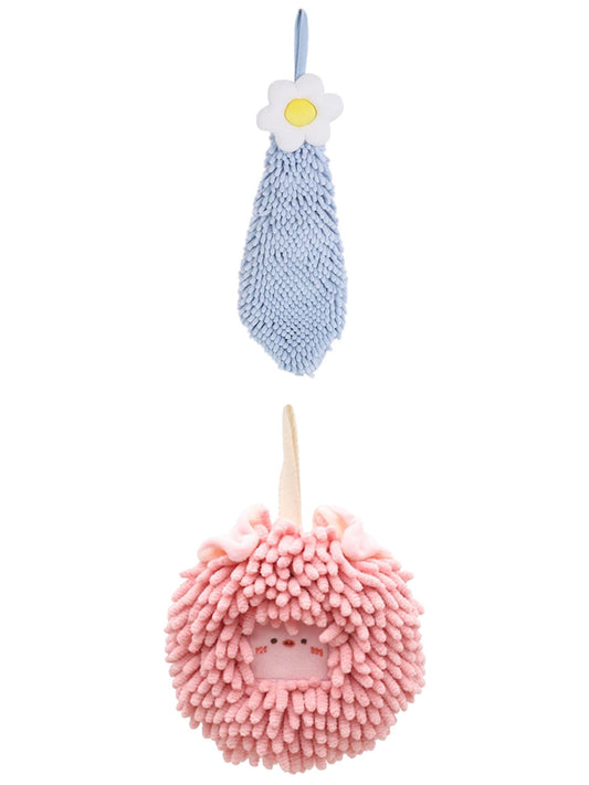 Unique Bargains 2 Pack Chenille Hand Towels 6" x 15"/7" x 7" Blue-1/Pink