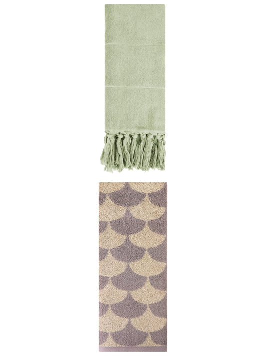 Unique Bargains 2 Pack Cotton Geometric Hand Towels Green/Brown 14"x30"/13"x29"