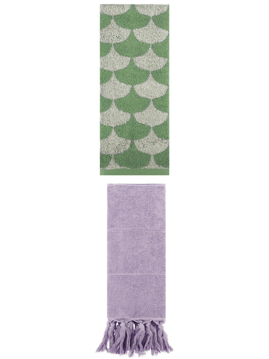 Unique Bargains 2 Pack Cotton Geometric Hand Towels Purple/Green 14"x30"/13"x29"