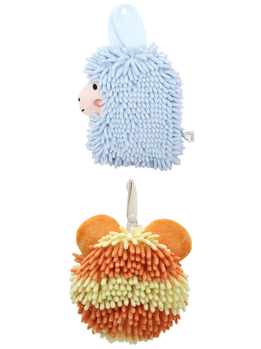 Unique Bargains 2 Packs Chenille Cartoon Hanging Towels 7" x 7"/7" x 11" Orange/Blue